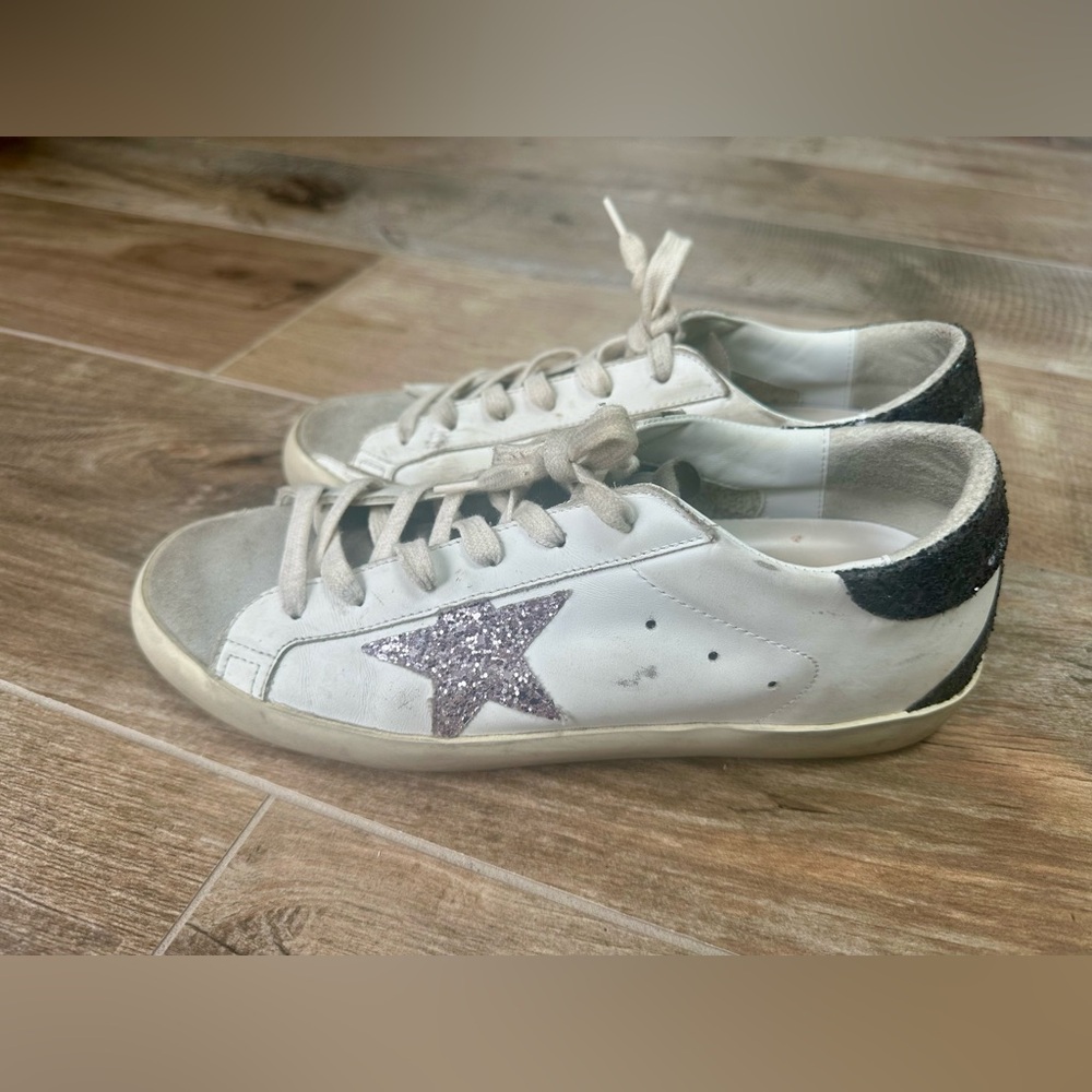 Golden Goose White Leather Sneaker with Pink Glitter Star and Black Heel - Picture 4 of 9